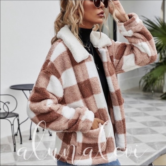 C53) New! Ultra Soft Plush Plaid Jacket Coat Pockets - Picture 2 of 5